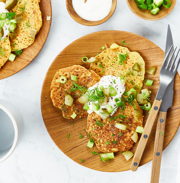 Pickle pancakes with lemon-garlic aioli