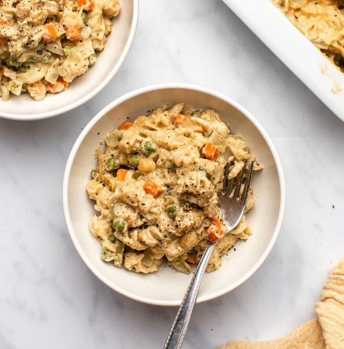 Bowl of "pot pie" inspired casserole with noodles